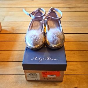 Ruby & Bloom Rose Gold Faux Leather 8M Feather Detail Grosgrain Ankle Strap